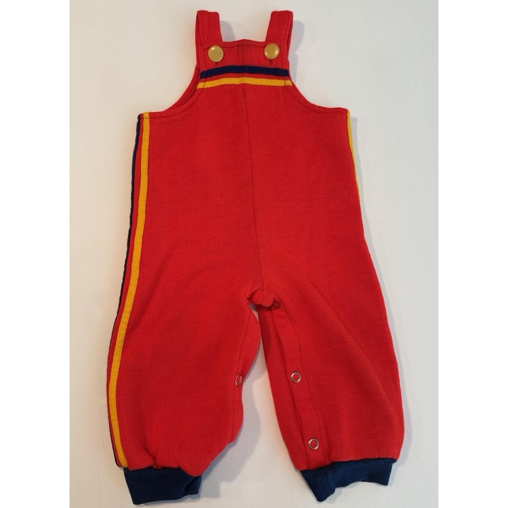 Vintage Red Toddler Romper Overalls 9-12 Month Unisex Colorblock Trim Snap Legs - Picture 2 of 5